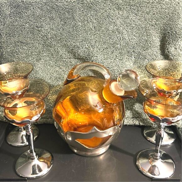 Art Deco Chrome Decanter Cocktail Set Cambridge Krome Kraft Farber Bros - Picture 1 of 16
